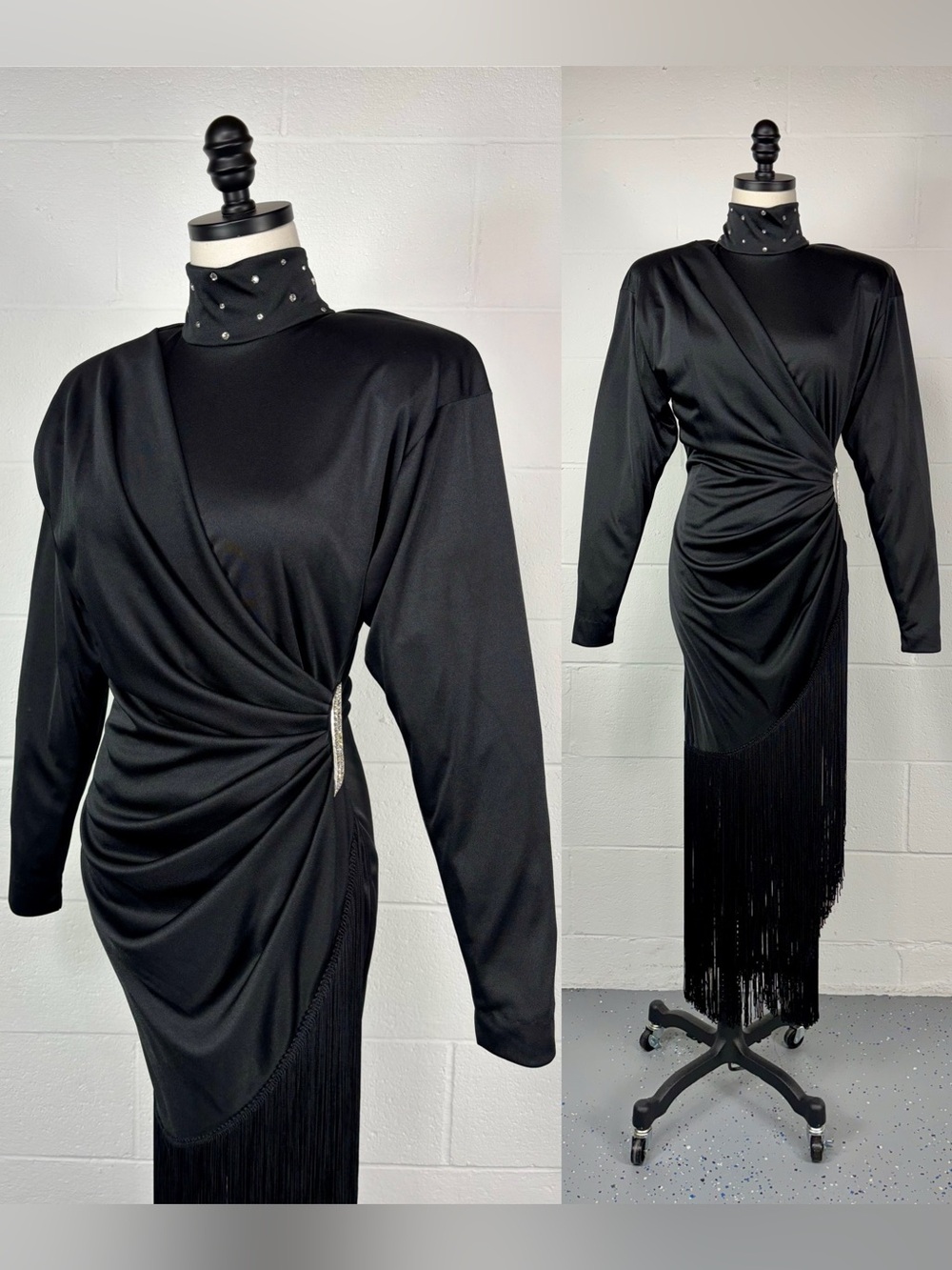 Vintage 80s Caché Black Slinky Knit Dress Fringe Hem Rhinestones Keyhole Back S